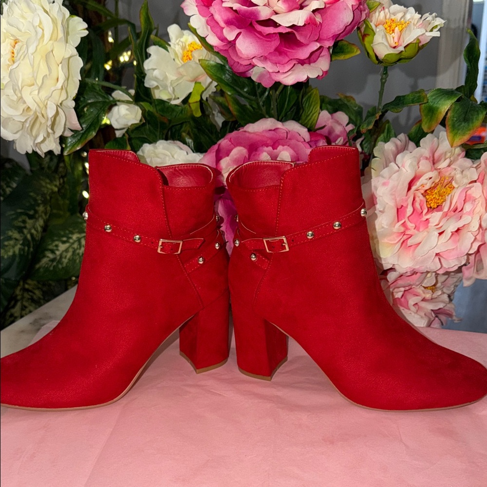Allegra K Vibrant Red Ankle Boots with Studded Strap